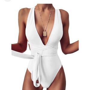 White Deep Plunge Swimsuit Med 8-10